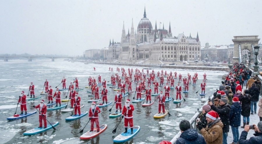 Tuna Nehri’nde İnanılmaz Manzara: 50 Noel Baba Sörf Tahtasında Budapeşte’yi Salladı!